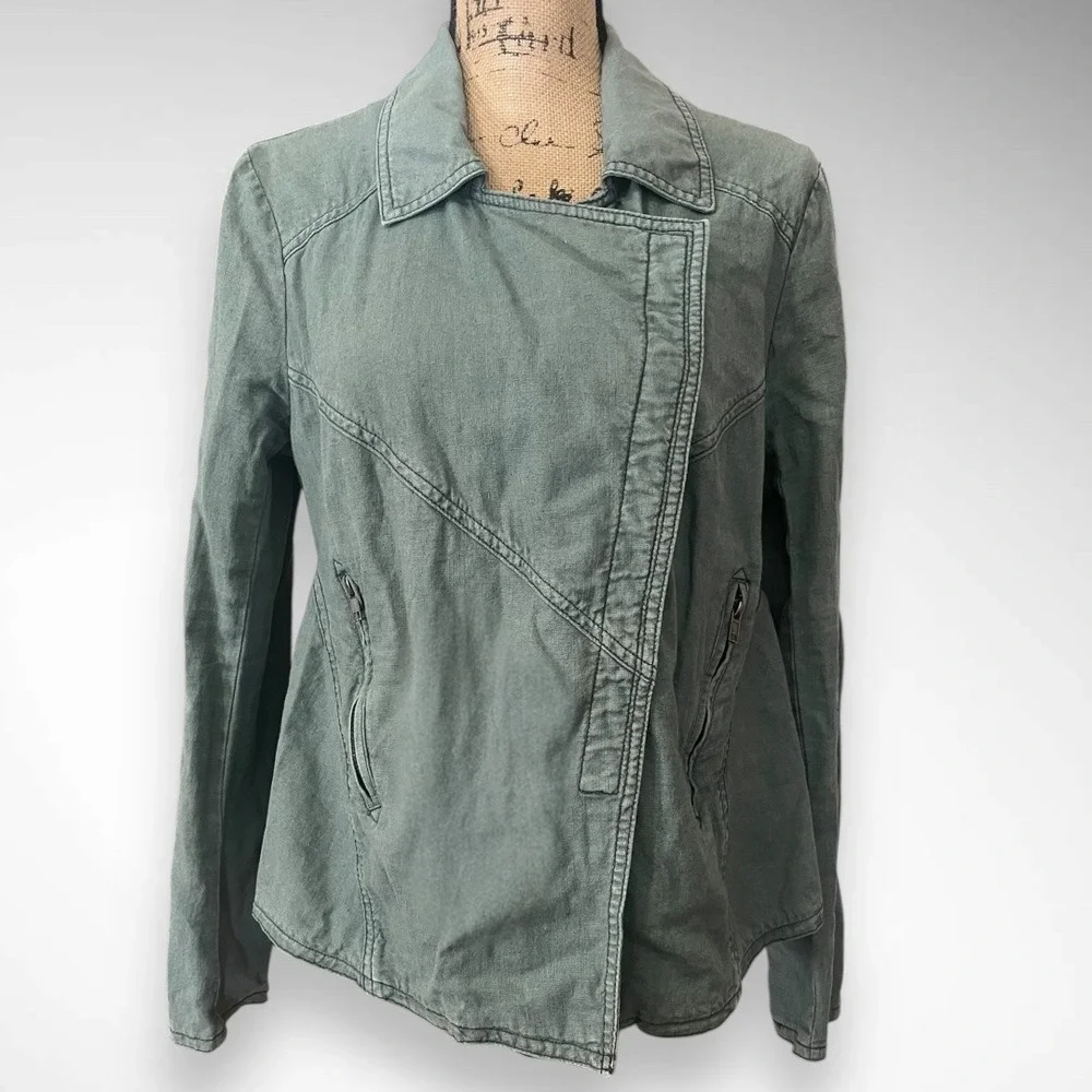 FREE PEOPLE Women's Blueish Green Linen Blend Moto Jacket Medium | EUC - Picture 2 of 8